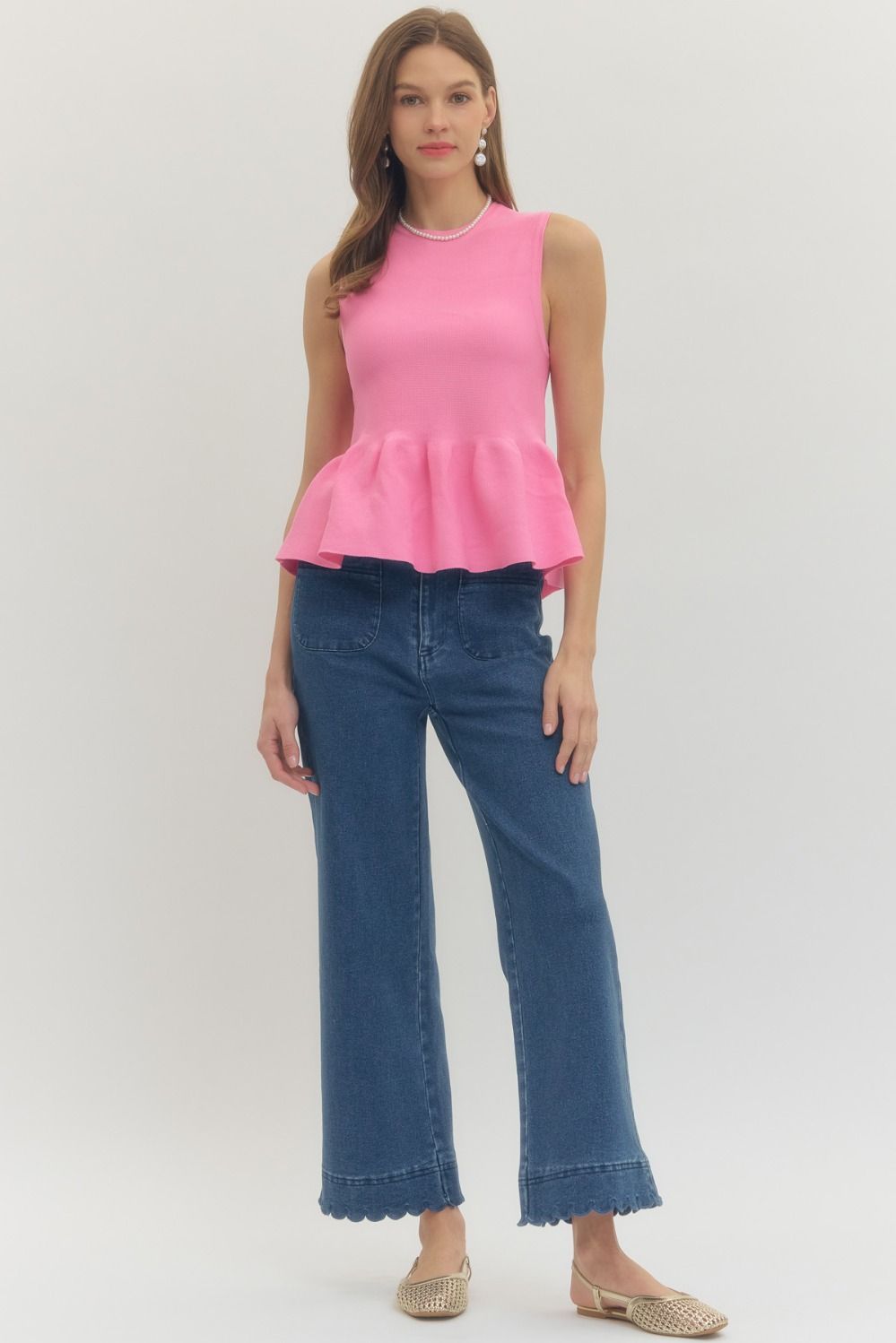 Ribbed Knit Sleeveless Peplum Top - Lush Lemon - Women's Clothing - Entro - 63790932255837