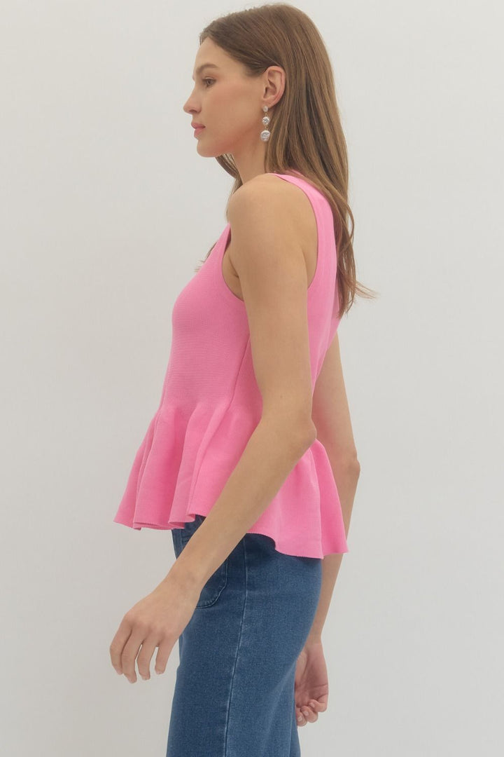 Ribbed Knit Sleeveless Peplum Top - Lush Lemon - Women's Clothing - Entro - 63790932255837