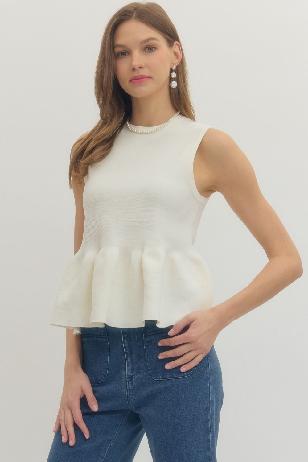Ribbed Knit Sleeveless Peplum Top - Lush Lemon - Women's Clothing - Entro - 66607651015709