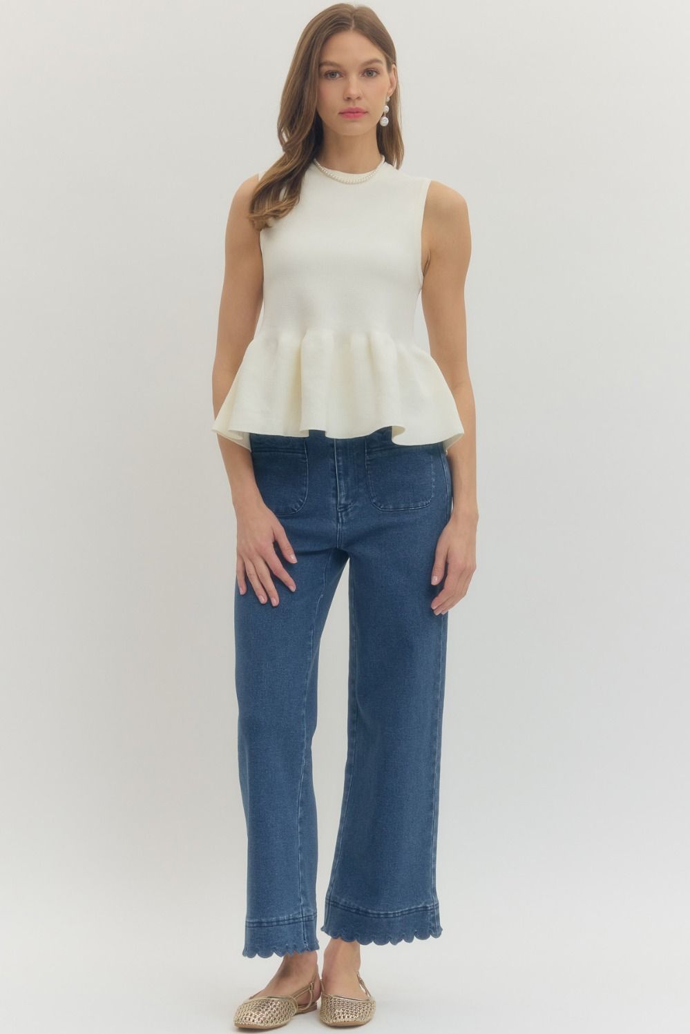 Ribbed Knit Sleeveless Peplum Top - Lush Lemon - Women's Clothing - Entro - 66607651015709