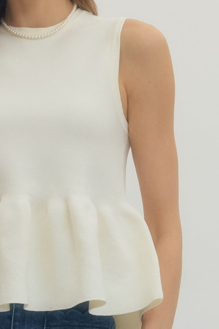 Ribbed Knit Sleeveless Peplum Top - Lush Lemon - Women's Clothing - Entro - 66607651015709