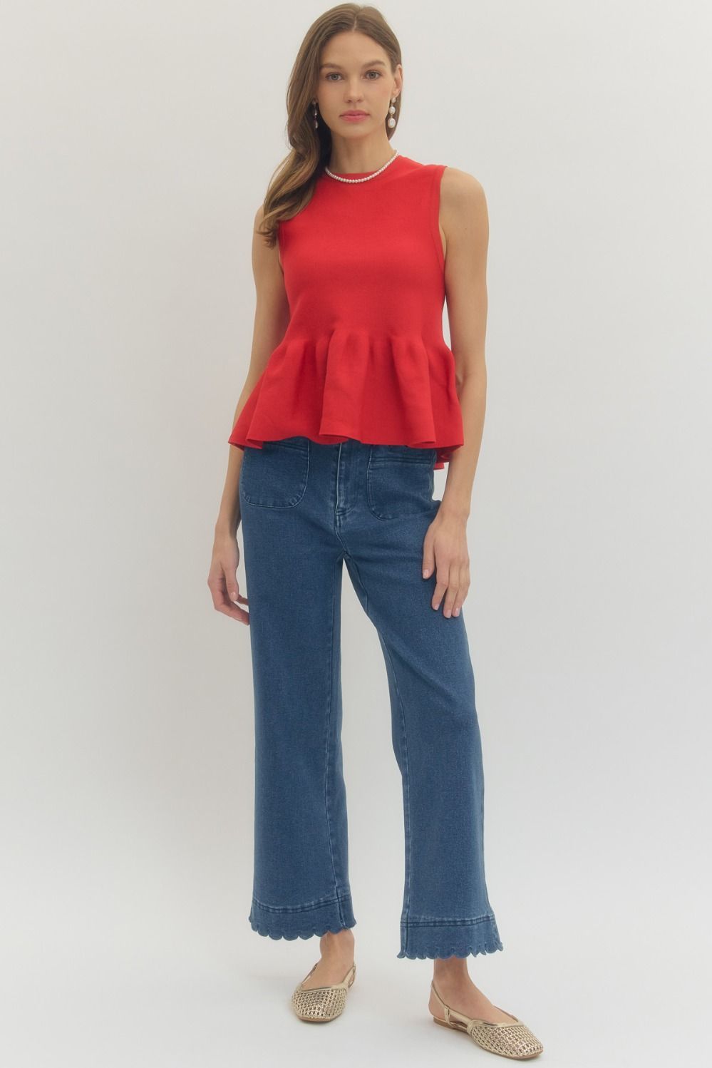 Ribbed Knit Sleeveless Peplum Top - Lush Lemon - Women's Clothing - Entro - 66607651314013