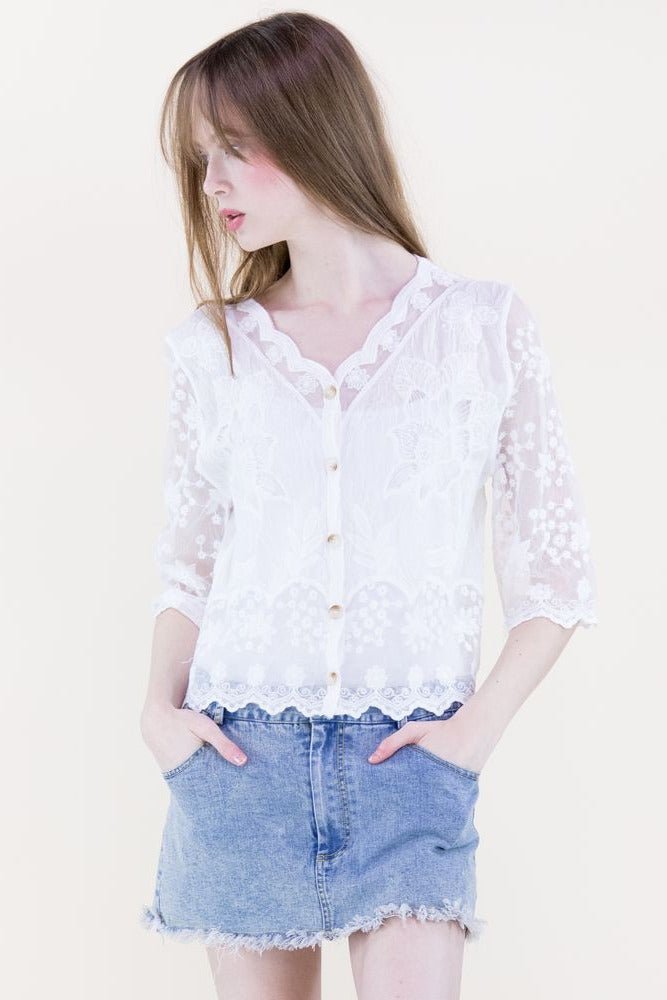 Riviera Bloom Sheer Lace Blouse - Lush Lemon - Women's Clothing - Original - 69101941032925