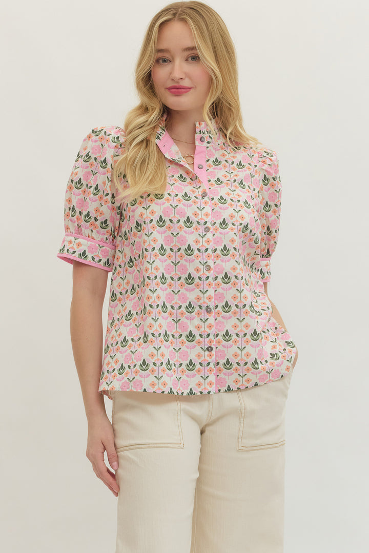 Floral Button Front Puff Sleeve Top