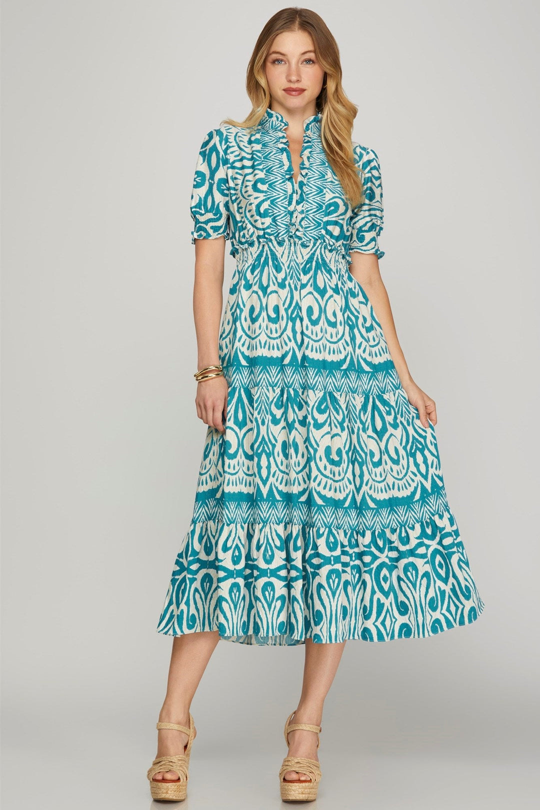 Ruffle Front Smocked Midi Dress - Lush Lemon - Women's Clothing - She + Sky - 34060511065149