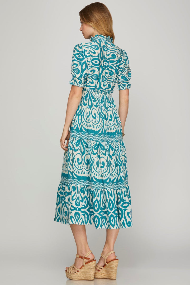 Ruffle Front Smocked Midi Dress - Lush Lemon - Women's Clothing - She + Sky - 34060511065149