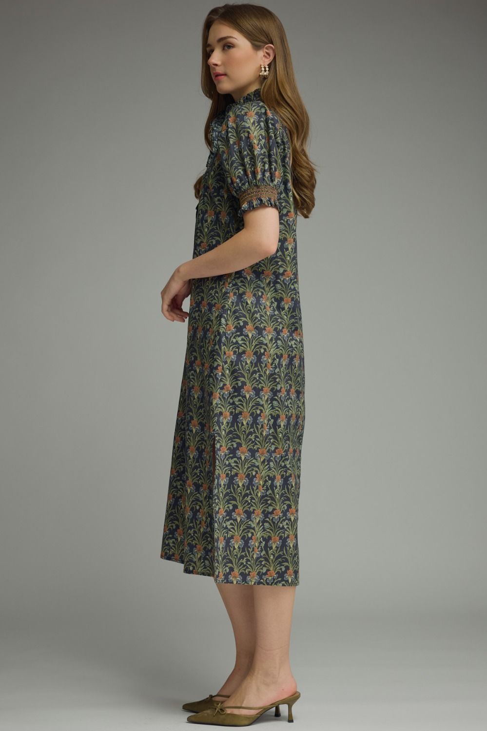 Ruffle Neck Floral Midi Dres - Lush Lemon - Women's Clothing - Entro - 71022171096285