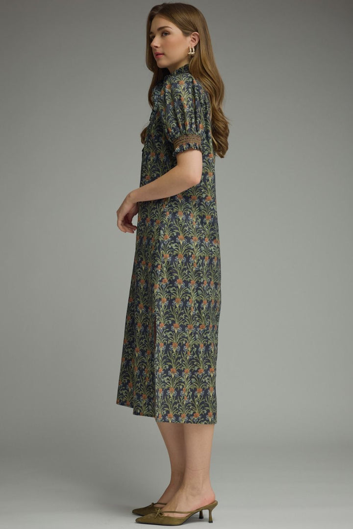 Ruffle Neck Floral Midi Dres - Lush Lemon - Women's Clothing - Entro - 71022171096285
