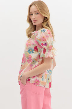 Ruffle Neck Floral Pullover Top W/Tie - Lush Lemon - Women&