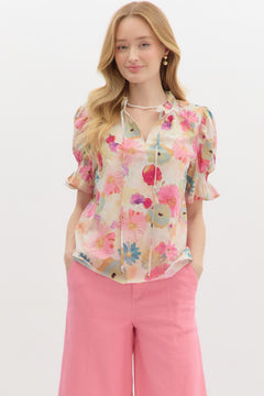 Ruffle Neck Floral Pullover Top W/Tie - Lush Lemon - Women&