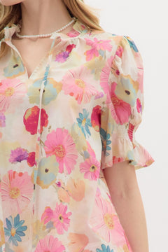 Ruffle Neck Floral Pullover Top W/Tie - Lush Lemon - Women&