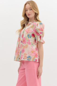 Ruffle Neck Floral Pullover Top W/Tie - Lush Lemon - Women&