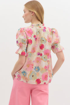 Ruffle Neck Floral Pullover Top W/Tie - Lush Lemon - Women&