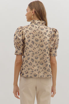 Ruffle Neck Puff Sleeve Animal Top - Lush Lemon - Women&