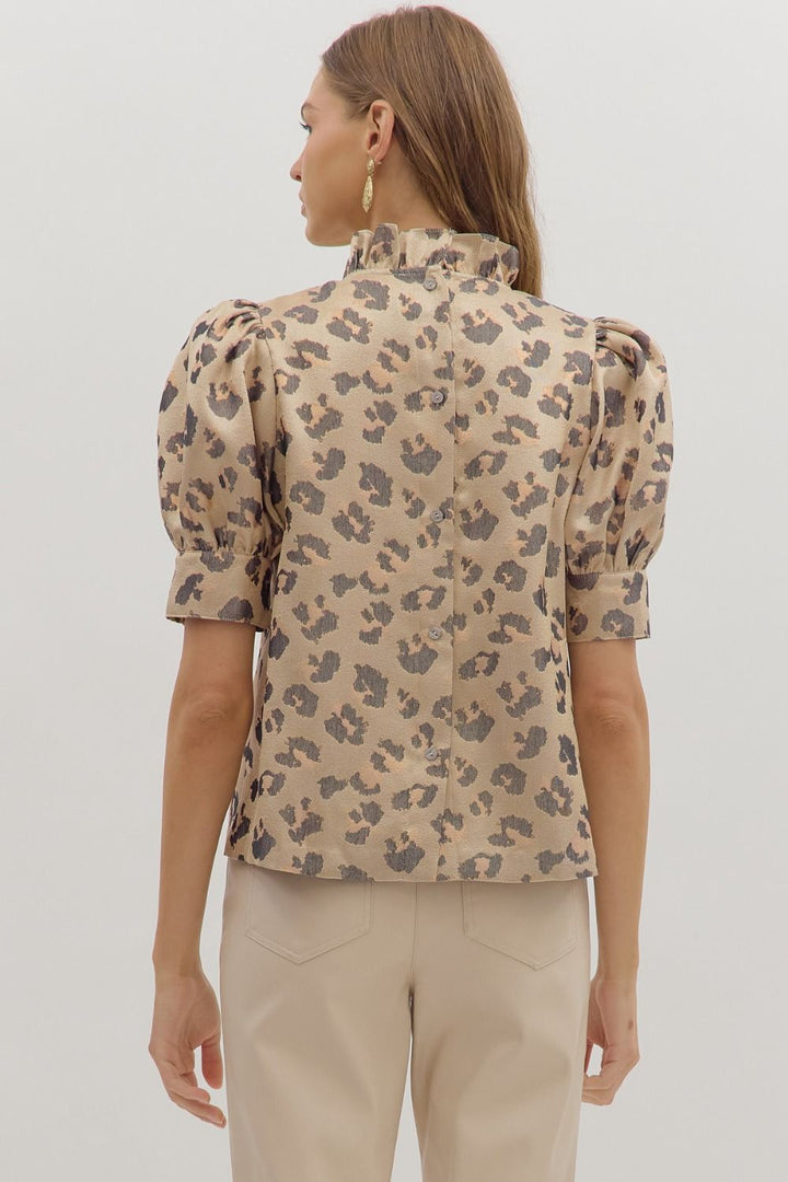 Ruffle Neck Puff Sleeve Animal Top - Lush Lemon - Women's Clothing - Entro - 16593011055837