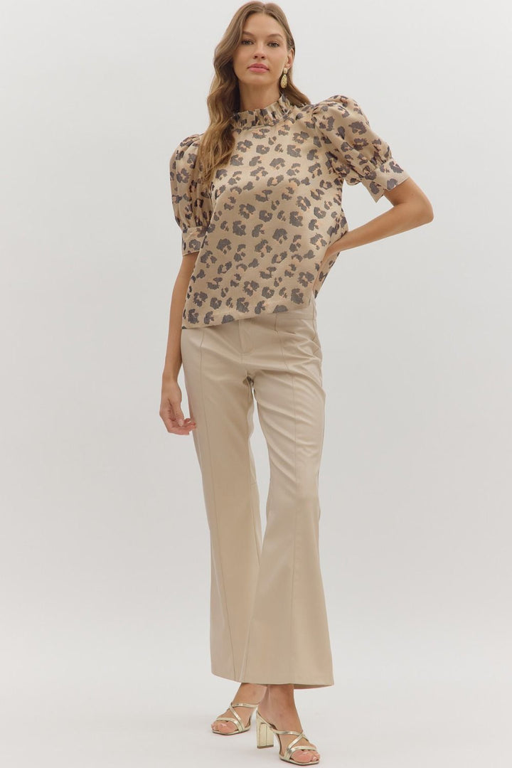 Ruffle Neck Puff Sleeve Animal Top - Lush Lemon - Women's Clothing - Entro - 16593011055837