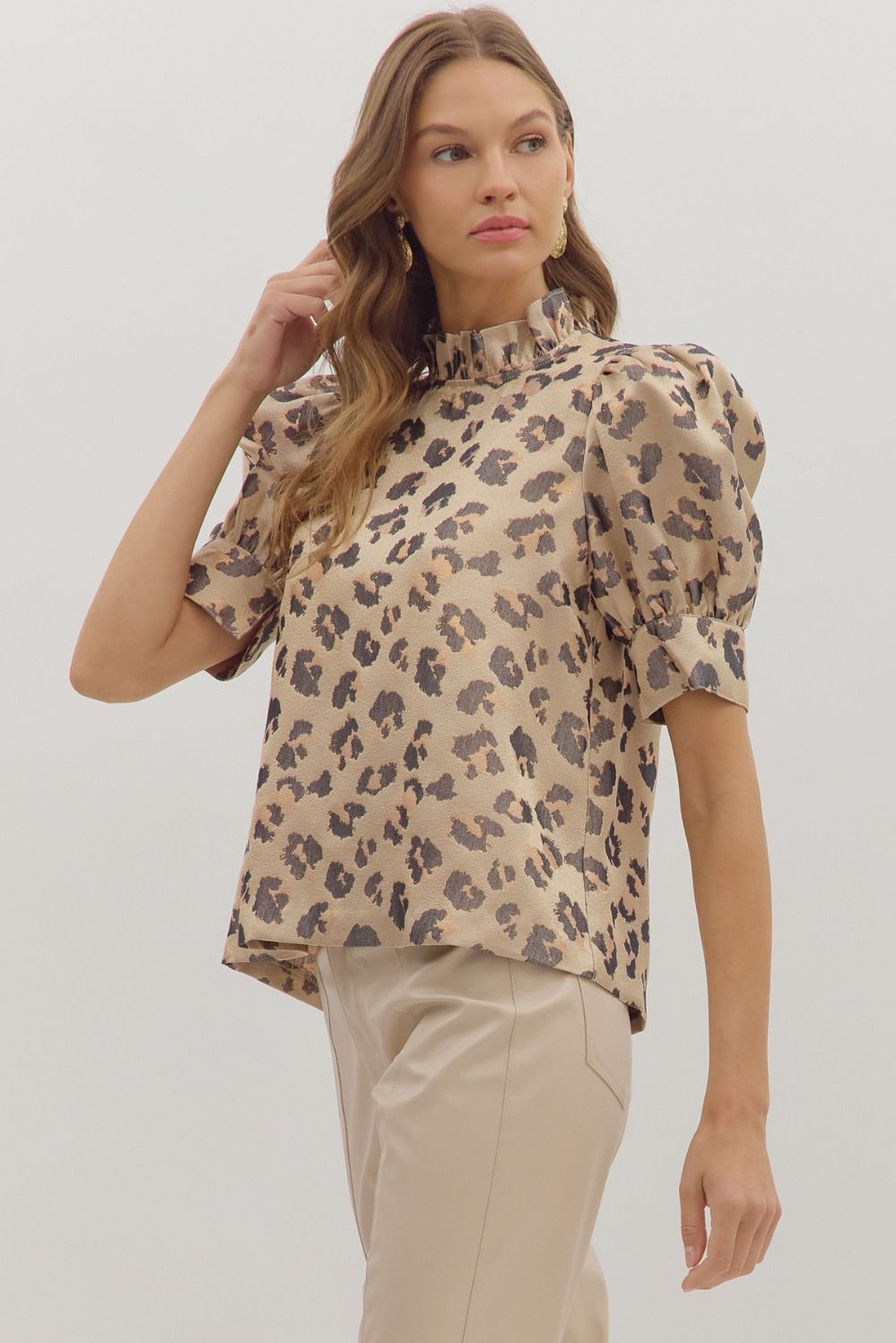 Ruffle Neck Puff Sleeve Animal Top - Lush Lemon - Women's Clothing - Entro - 16593011055837