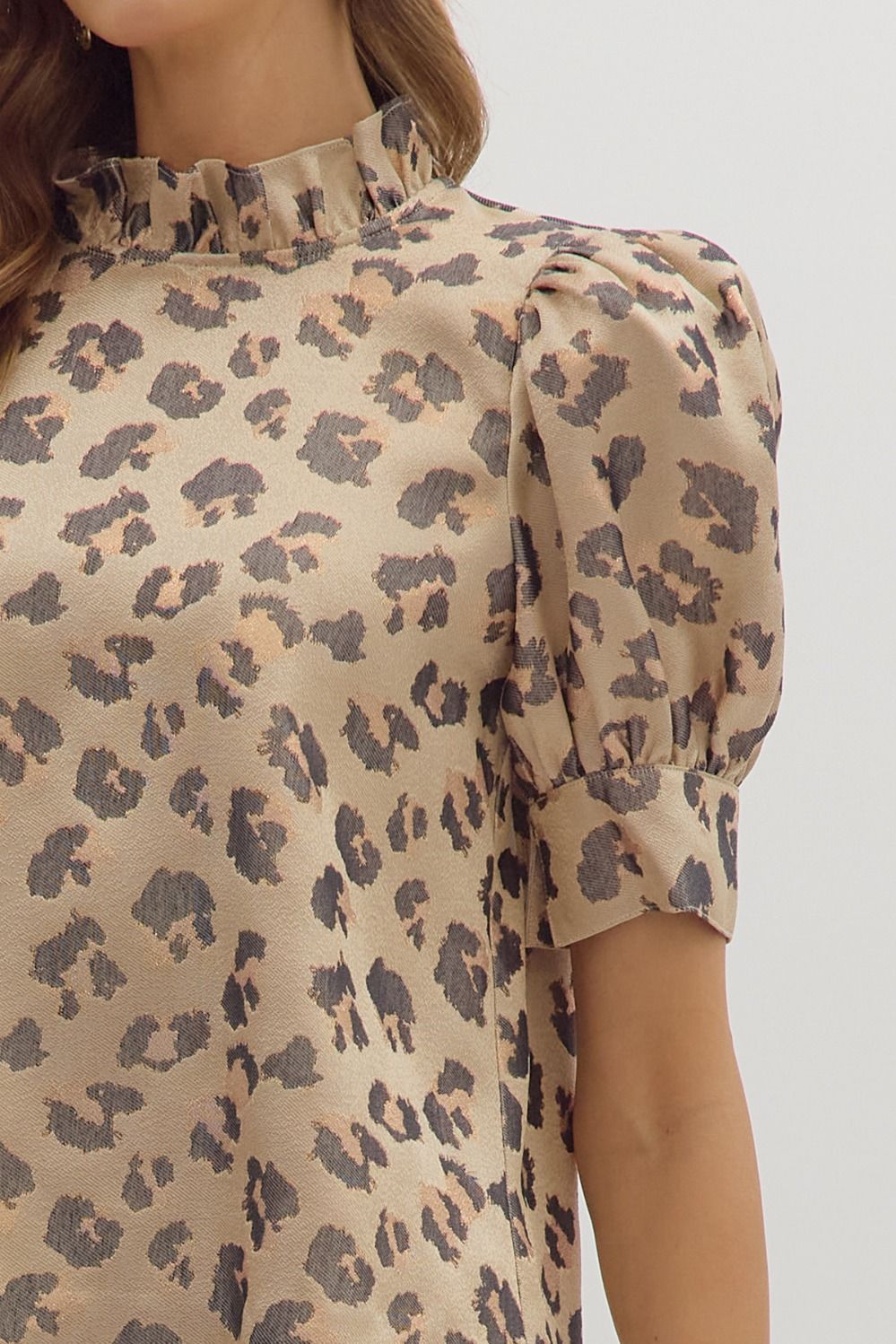 Ruffle Neck Puff Sleeve Animal Top - Lush Lemon - Women's Clothing - Entro - 16593011055837