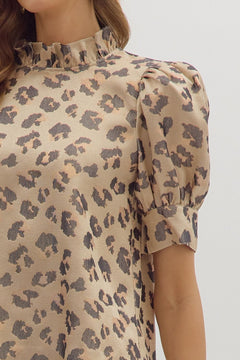 Ruffle Neck Puff Sleeve Animal Top - Lush Lemon - Women&