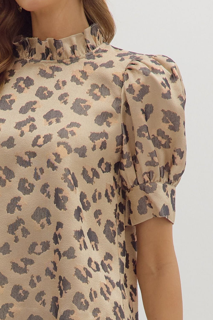 Ruffle Neck Puff Sleeve Animal Top - Lush Lemon - Women's Clothing - Entro - 16593011055837