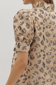 Ruffle Neck Puff Sleeve Animal Top - Lush Lemon - Women&