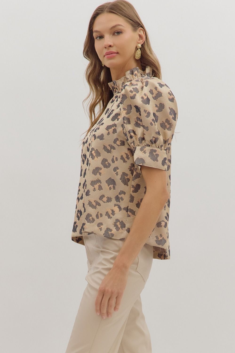 Ruffle Neck Puff Sleeve Animal Top - Lush Lemon - Women's Clothing - Entro - 16593011055837
