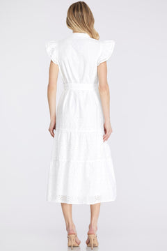Ruffle Sleeve Eyelet Lace Midi Dress W/ Front Waist Tie - Lush Lemon - Women&