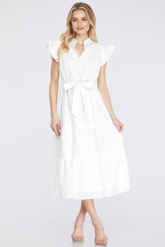 Ruffle Sleeve Eyelet Lace Midi Dress W/ Front Waist Tie - Lush Lemon - Women&