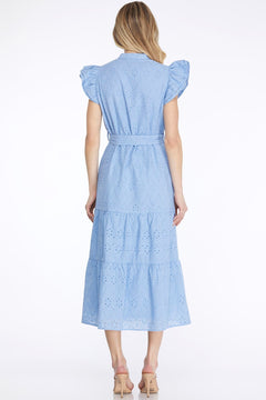 Ruffle Sleeve Eyelet Lace Midi Dress W/ Front Waist Tie - Lush Lemon - Women&