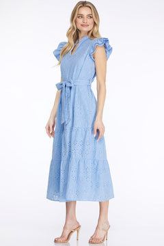 Ruffle Sleeve Eyelet Lace Midi Dress W/ Front Waist Tie - Lush Lemon - Women&