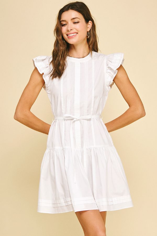 Ruffle Sleeve Mini Dress W/Tie Waist - Lush Lemon - Women's Clothing - Pinch - 37142331058013