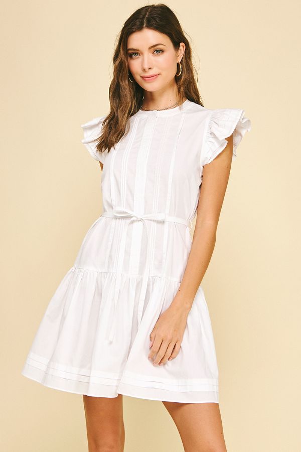 Ruffle Sleeve Mini Dress W/Tie Waist - Lush Lemon - Women's Clothing - Pinch - 37142331058013
