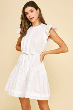 Ruffle Sleeve Mini Dress W/Tie Waist - Lush Lemon - Women&