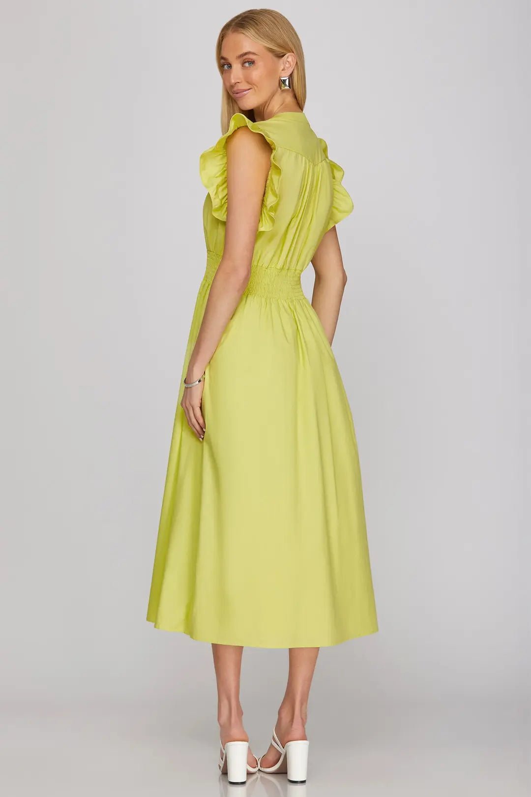 Ruffle Sleeve Smocked Waist Midi Dress W/ Front Zip - Lush Lemon - Women's Clothing - She + Sky - 24867951051677