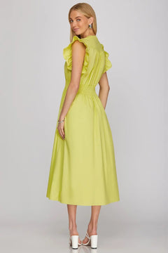 Ruffle Sleeve Smocked Waist Midi Dress W/ Front Zip - Lush Lemon - Women&
