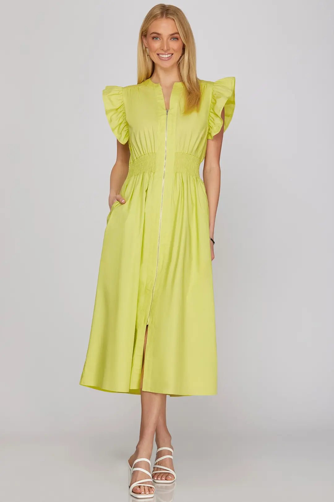 Ruffle Sleeve Smocked Waist Midi Dress W/ Front Zip - Lush Lemon - Women's Clothing - She + Sky - 24867951051677
