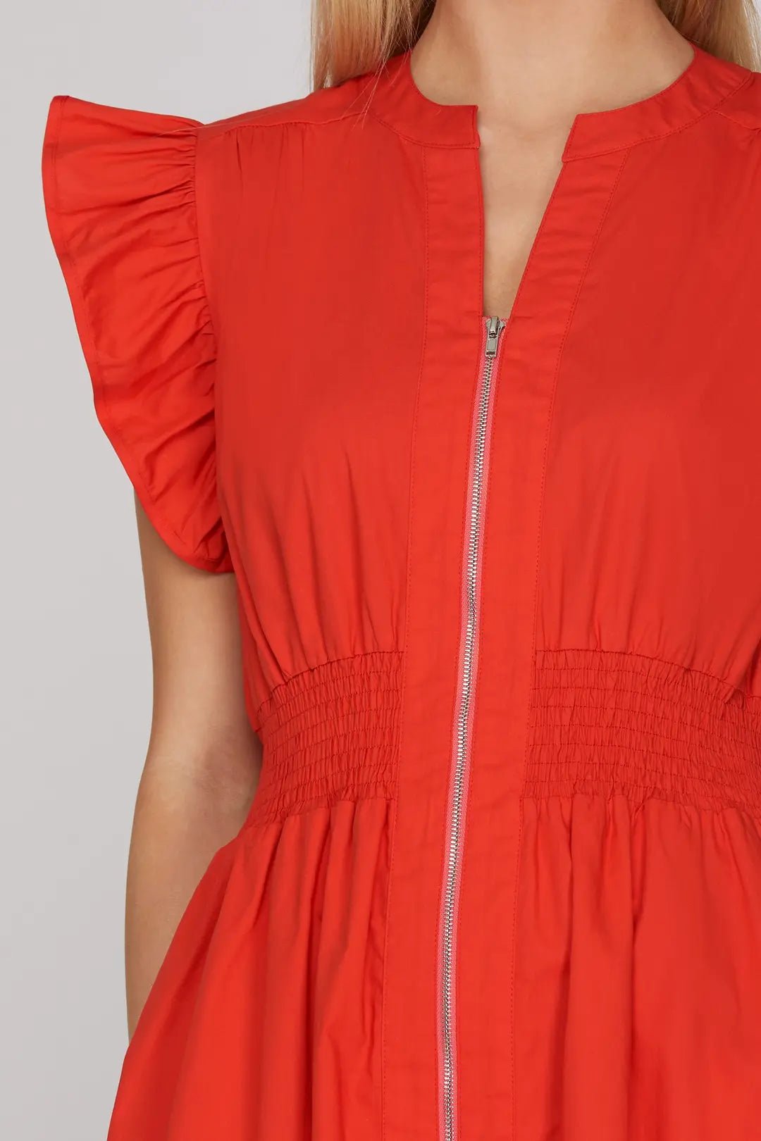 Ruffle Sleeve Smocked Waist Midi Dress W/ Front Zip - Lush Lemon - Women's Clothing - She + Sky - 24867951349981