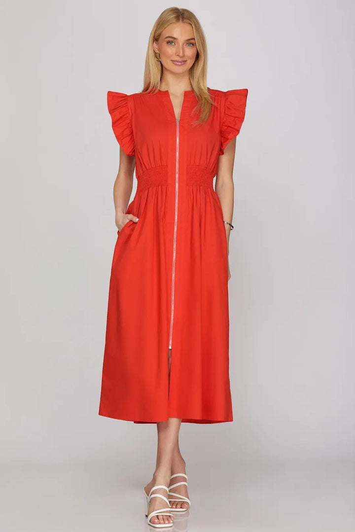 Ruffle Sleeve Smocked Waist Midi Dress W/ Front Zip - Lush Lemon - Women's Clothing - She + Sky - 24867951349981
