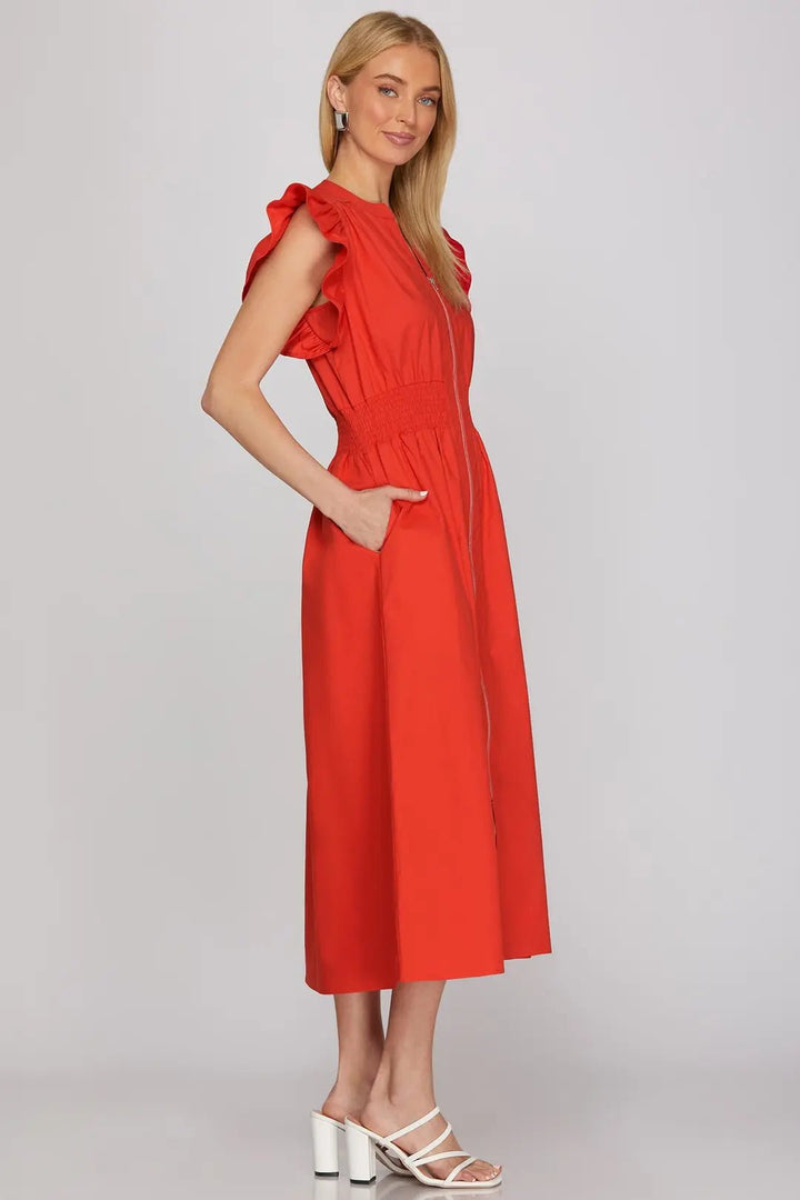 Ruffle Sleeve Smocked Waist Midi Dress W/ Front Zip - Lush Lemon - Women's Clothing - She + Sky - 24867951349981