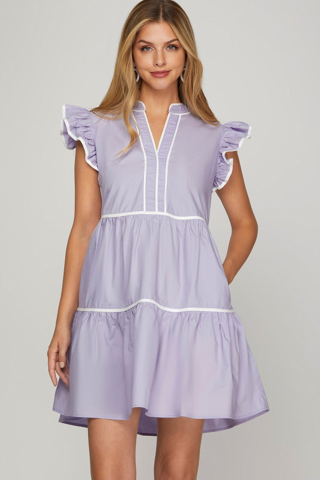 Ruffle Sleeve Tiered Dress W/Contrast Piping - Lush Lemon - Women's Clothing - She + Sky - 22460291084733