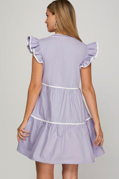 Ruffle Sleeve Tiered Dress W/Contrast Piping - Lush Lemon - Women&