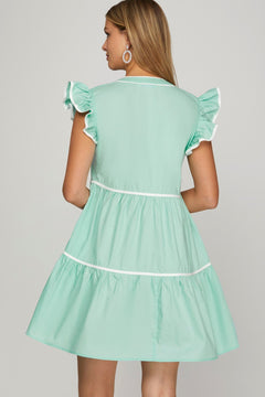 Ruffle Sleeve Tiered Dress W/Contrast Piping - Lush Lemon - Women&