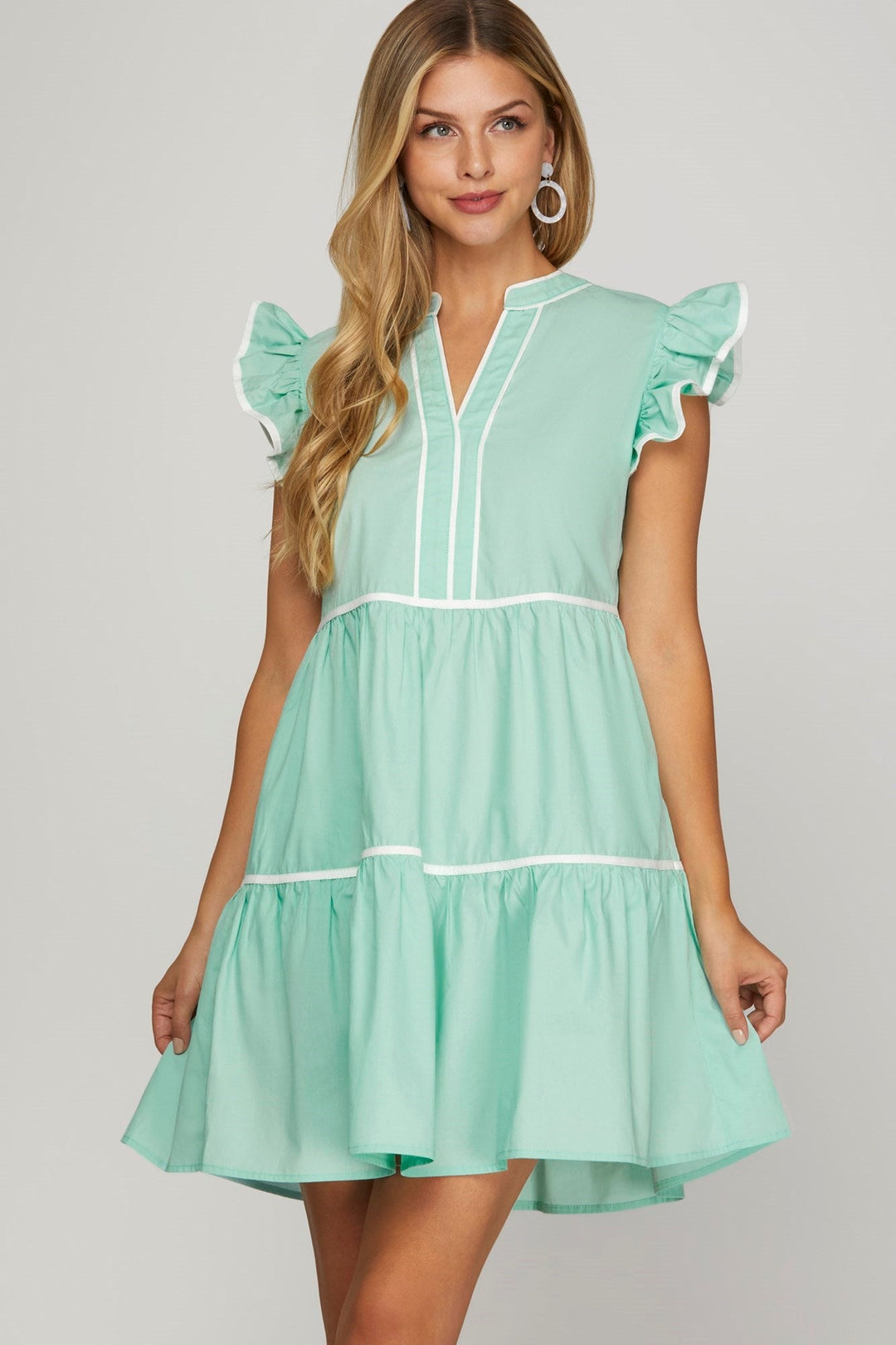 women's tiered dress Ruffle Sleeve Tiered Dress W/Contrast Piping