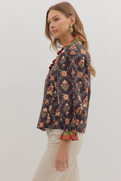 Ruffle Trim Floral V - Neck Top - Lush Lemon - Women&