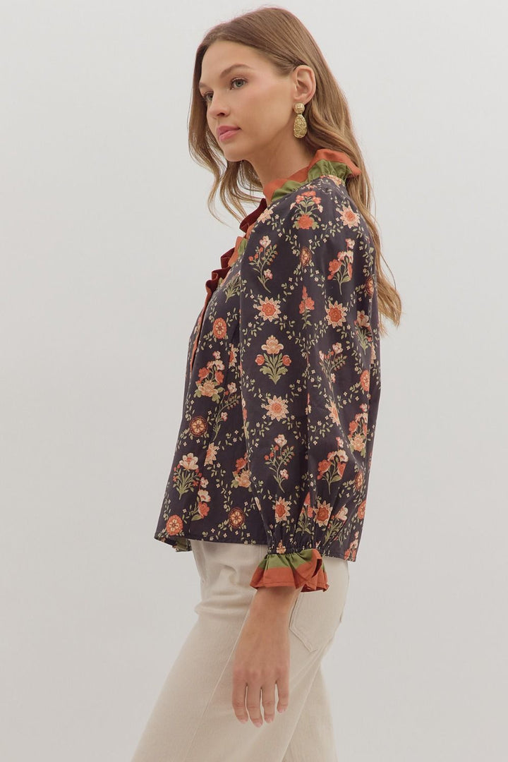 Ruffle Trim Floral V - Neck Top - Lush Lemon - Women's Clothing - Entro - 62019771069085