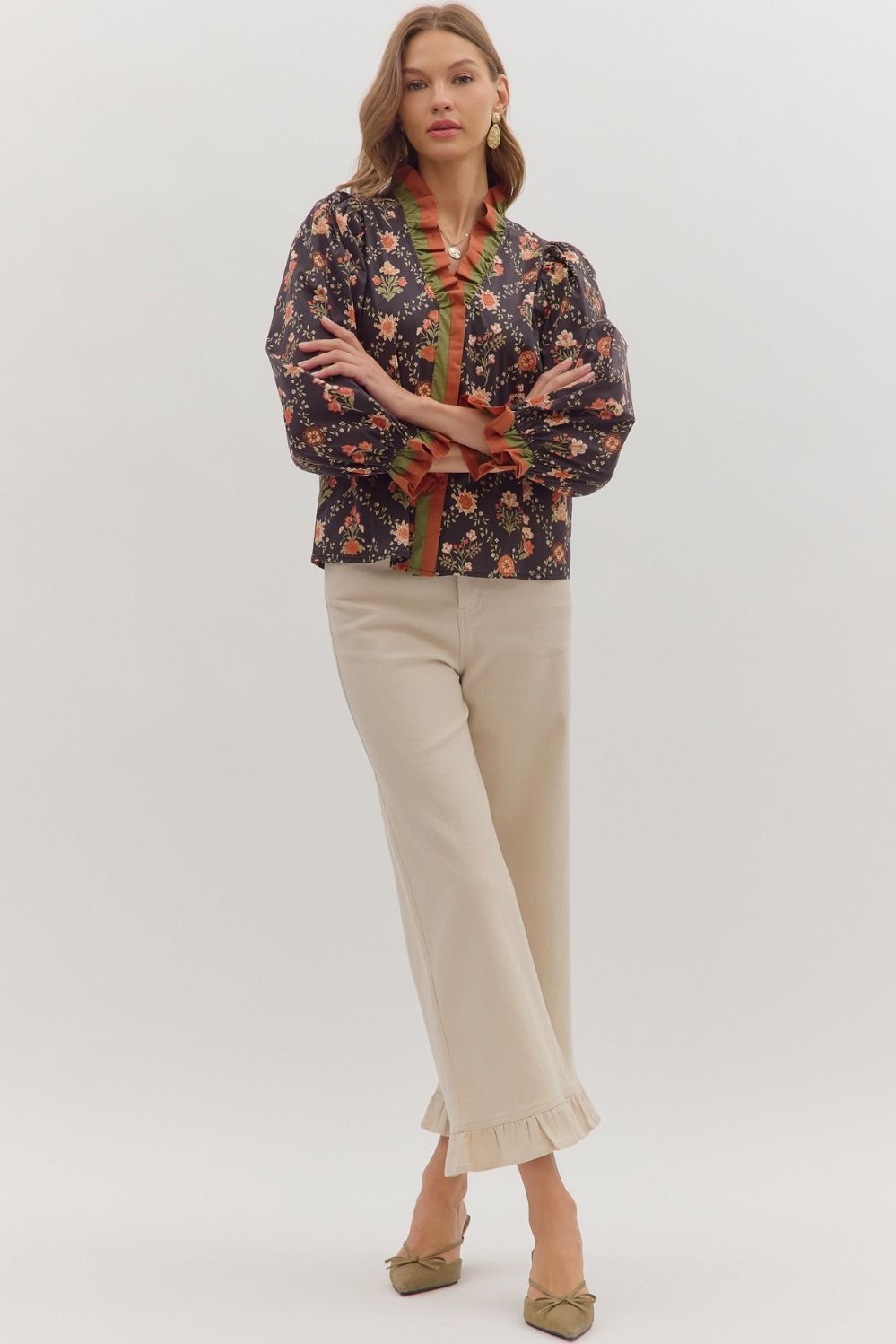 Ruffle Trim Floral V - Neck Top - Lush Lemon - Women's Clothing - Entro - 62019771069085