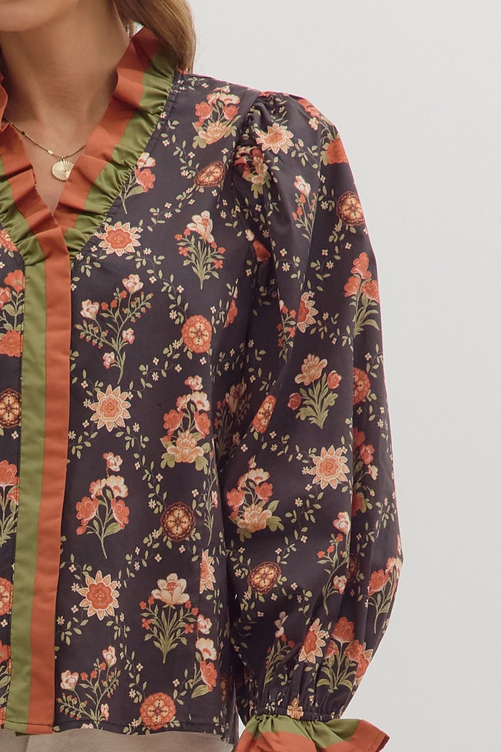 Ruffle Trim Floral V - Neck Top - Lush Lemon - Women's Clothing - Entro - 62019771069085
