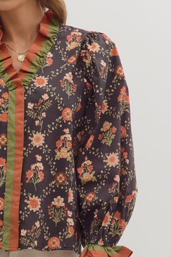 Ruffle Trim Floral V - Neck Top - Lush Lemon - Women&