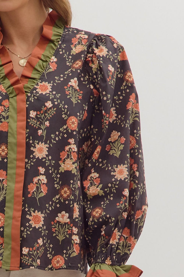 Ruffle Trim Floral V - Neck Top - Lush Lemon - Women's Clothing - Entro - 62019771069085