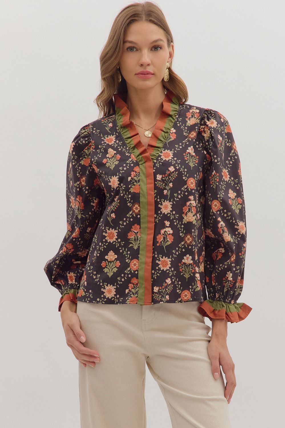 Ruffle Trim Floral V - Neck Top - Lush Lemon - Women's Clothing - Entro - 62019771069085